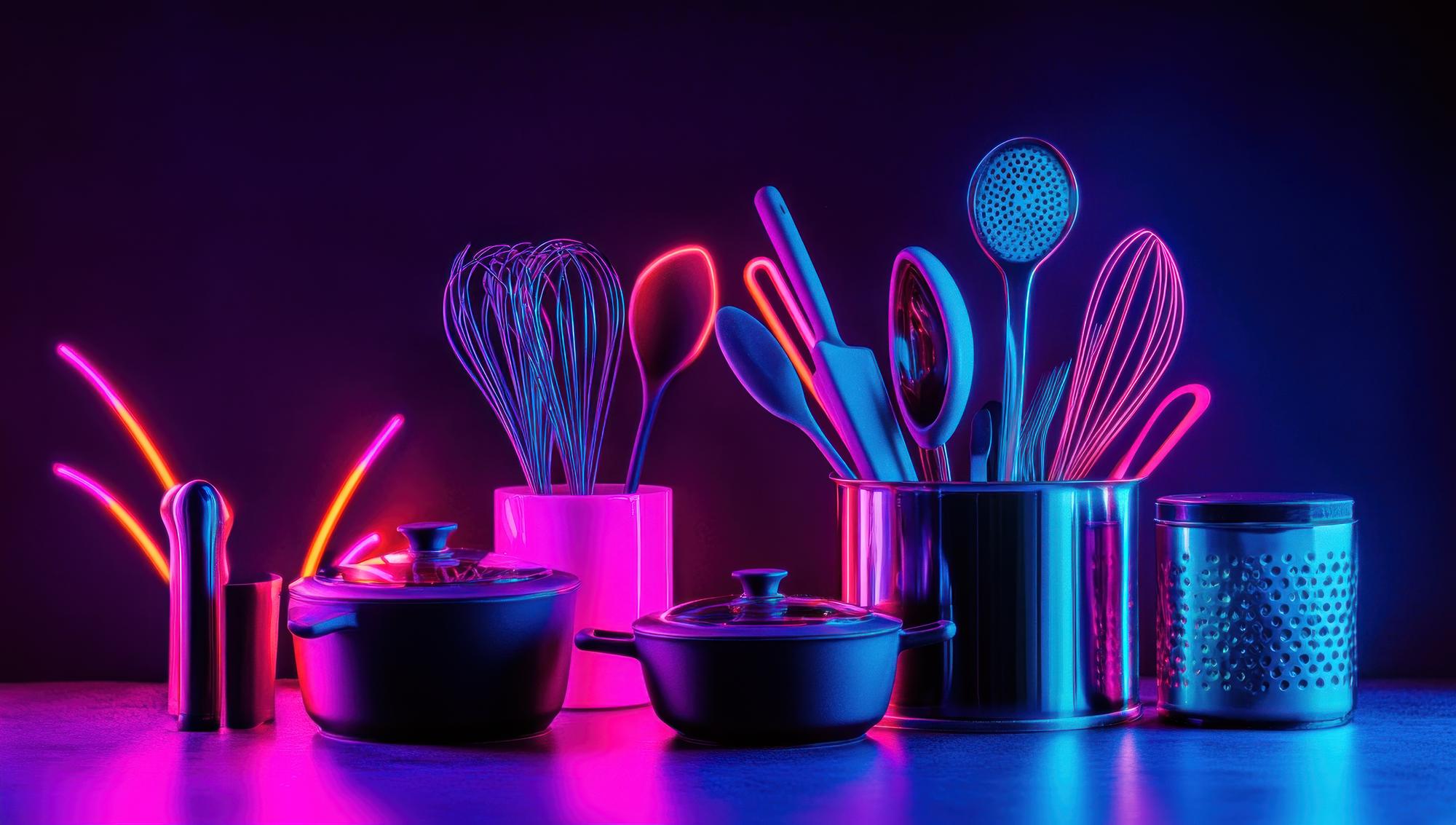 Set di utensili moderni in cucina con luci al neon