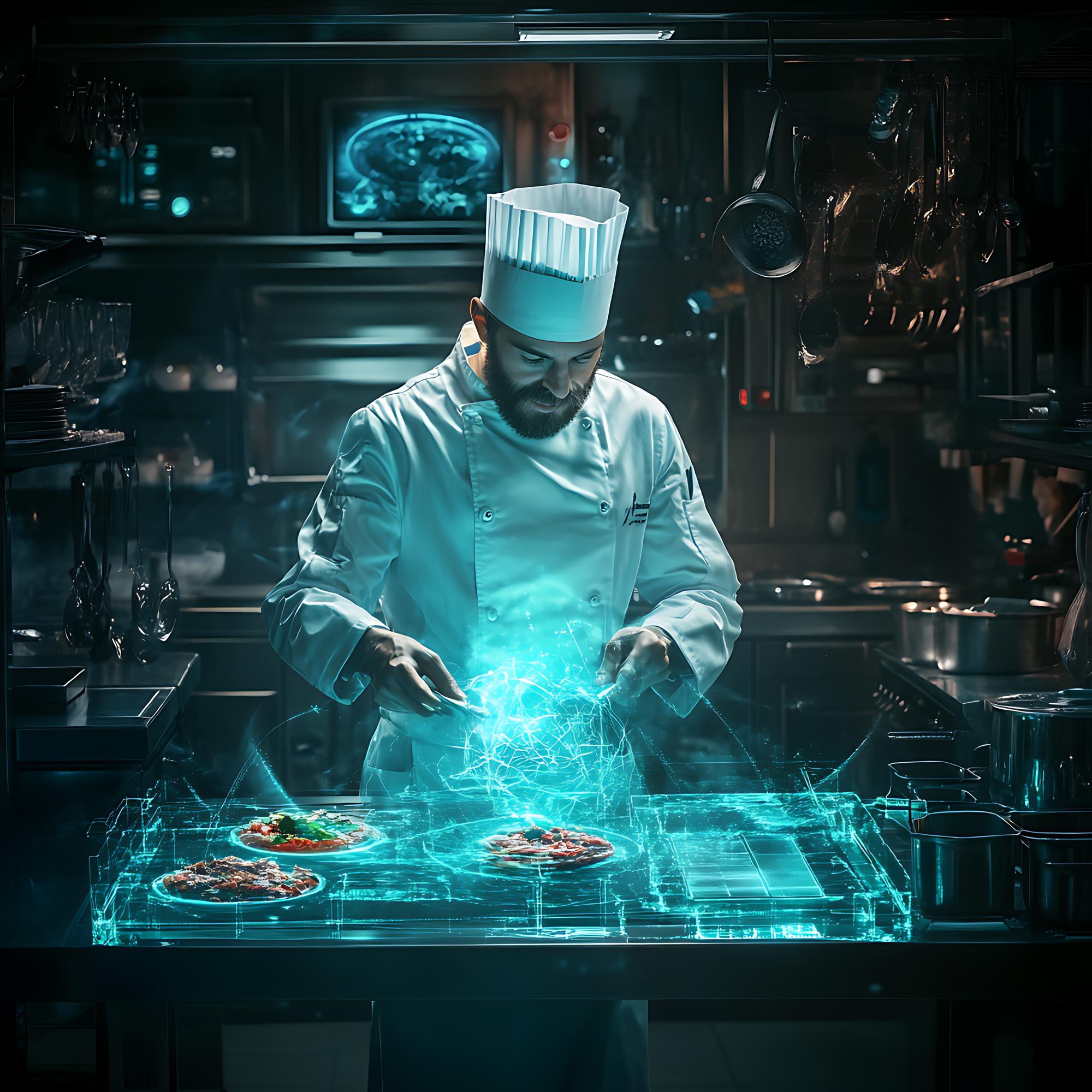Chef moderno che prepara piatto futuristico